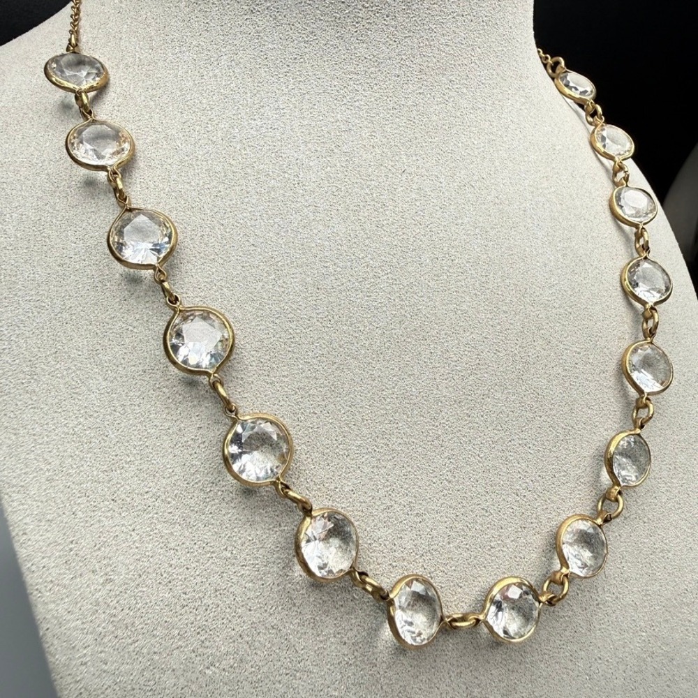 Vintage Open Bezel Crystal Necklace Gold Tone Clear Glass Classic 18.5"